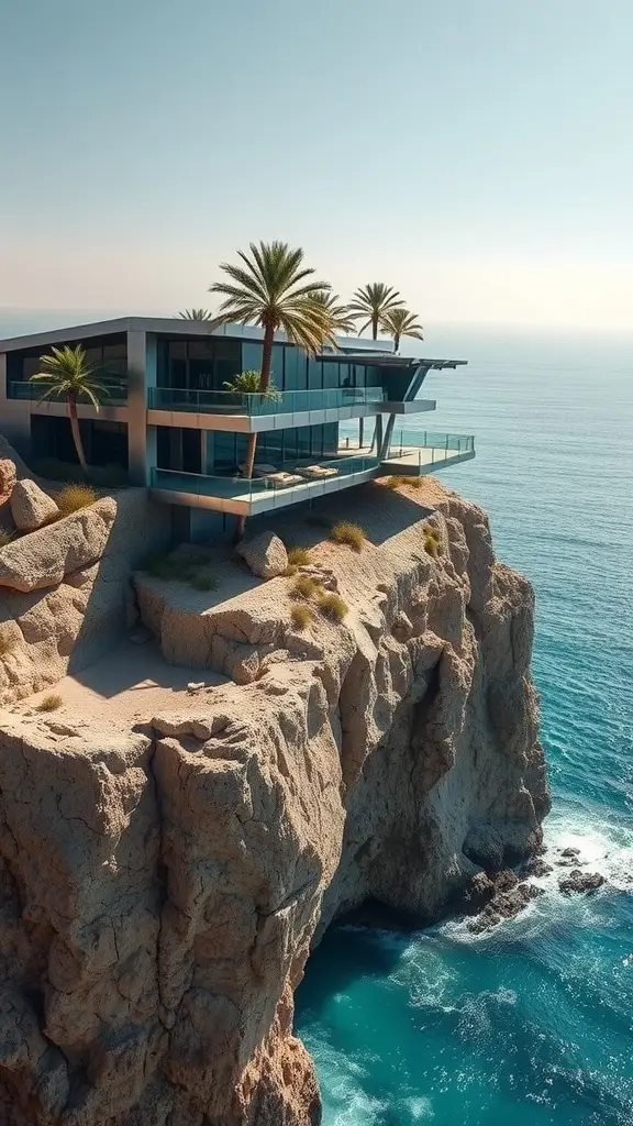 A futuristic villa perched on a cliff overlooking the ocean, featuring glass and metal architecture.