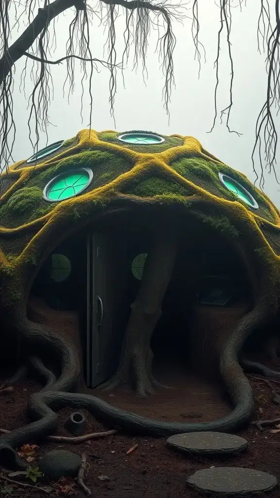A futuristic home resembling a moss-covered bunker with circular windows and organic tree-like structures.
