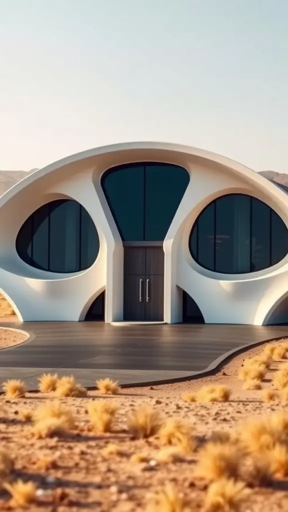 A futuristic house with smooth curves and large windows set in a desert landscape