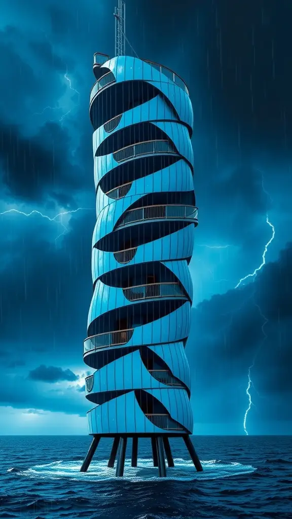 Futuristic spiral tower in a stormy ocean setting