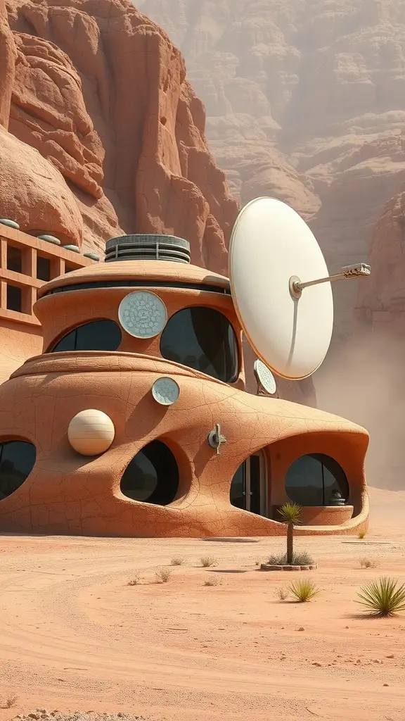 A futuristic home resembling a stone spire in a desert landscape, featuring round windows and a satellite dish.