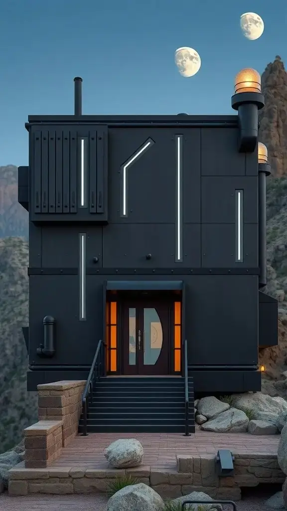 Futuristic Mandalore Enclave Villa with a black exterior, glowing lights, and a dramatic landscape.