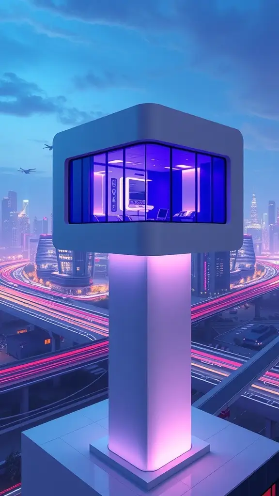 Futuristic Coruscant Diplomatic Pavilion with purple lighting and panoramic windows, overlooking a busy cityscape