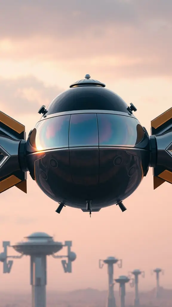 A futuristic shuttle hovering in front of tall, advanced structures during a sunset, inspired by Star Wars.