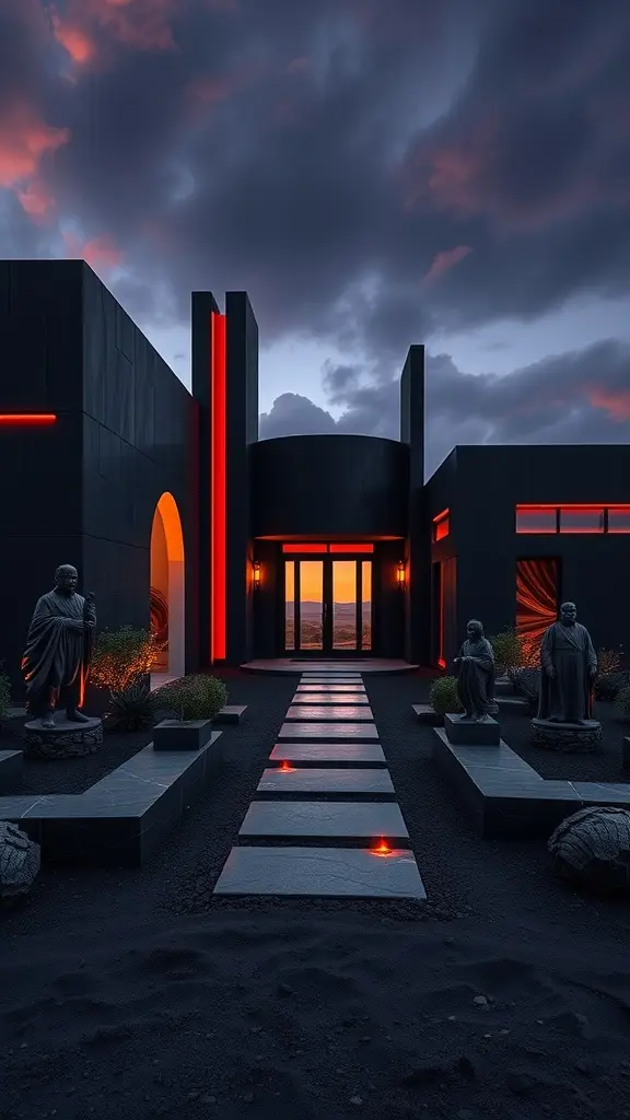 A Sith Temple-Inspired Compound featuring sleek architecture, red accents, and dramatic statues.