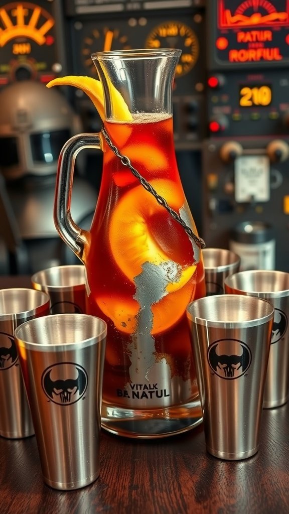 A carafe of colorful cocktail with fruit garnishes, surrounded by metallic mugs.