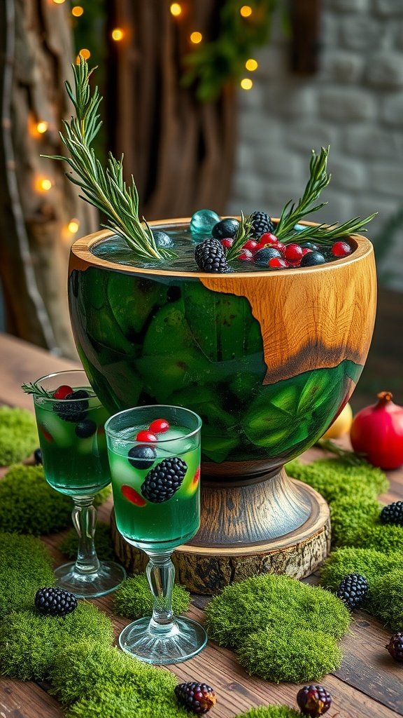 A vibrant Endor Forest Fruit Punch in a wooden bowl with mixed berries and fresh mint.