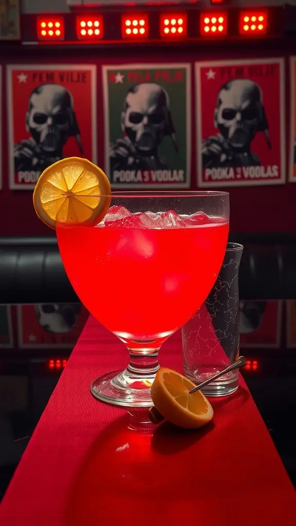A vibrant red cocktail garnished with orange slices, set against a backdrop of posters.
