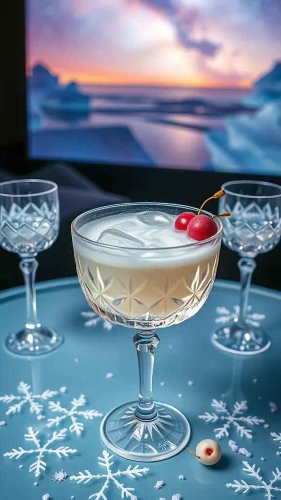 A refreshing cocktail with berries and ice, served in an elegant glass.