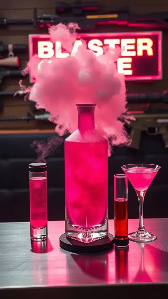 A vibrant pink cocktail with raspberries and ice in a stylish setting.