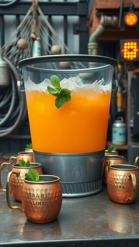 A silver bucket filled with drinks and garnished with lime and mint, surrounded by copper mugs.