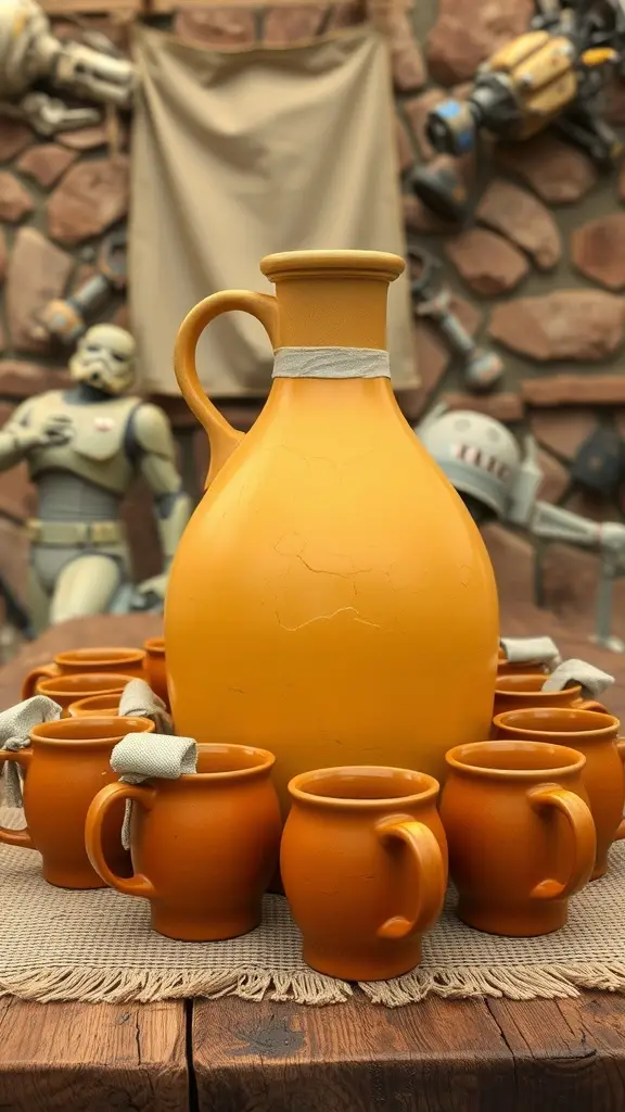 Colorful pitcher and cups for serving Jakku Desert Melon Punch