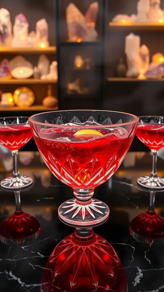 A vibrant cocktail with cranberry juice and lemon slices garnished in a glass