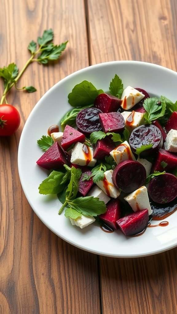 A vibrant roasted beet and goat cheese salad with mixed greens and walnuts on a wooden table.