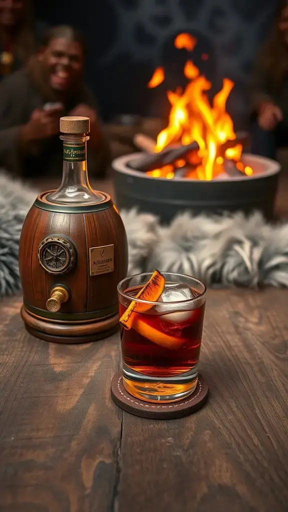 A glass of Wookiee Whiskey Barrel Mix cocktail with an orange twist on a wooden table near a fire.