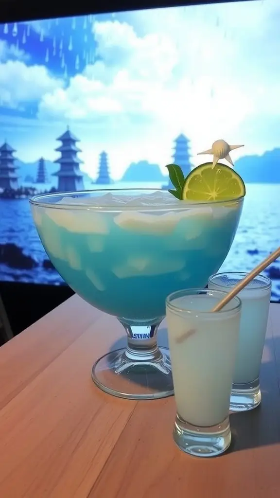 A vibrant cocktail bowl filled with blue and yellow drinks, garnished with lemon slices and seashells, perfect for summer gatherings.