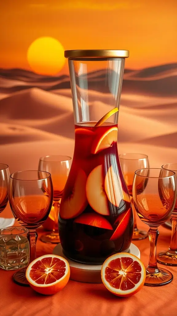 A refreshing pitcher of Blood Orange Sangria with fresh fruit slices.