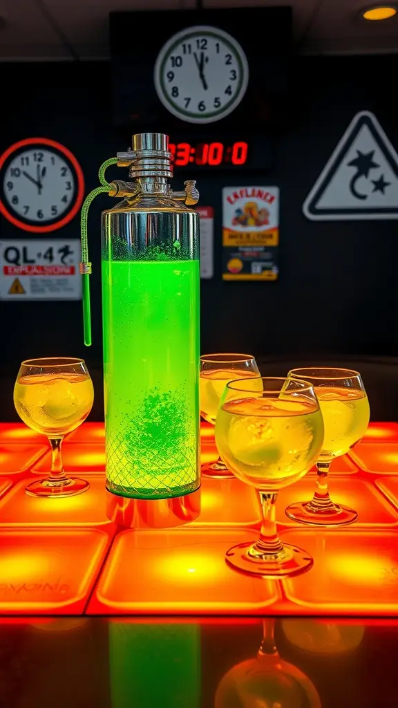Brightly colored cocktail mixer with glasses on a glowing table.