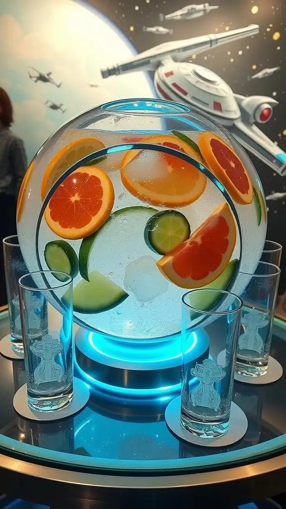 A vibrant cocktail with citrus fruits and ice, served in a punch bowl.