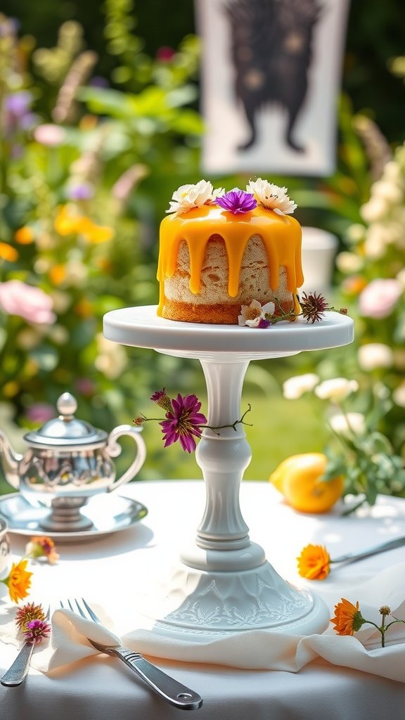 Classic lemon cakes with wildflower glaze on a white cake stand