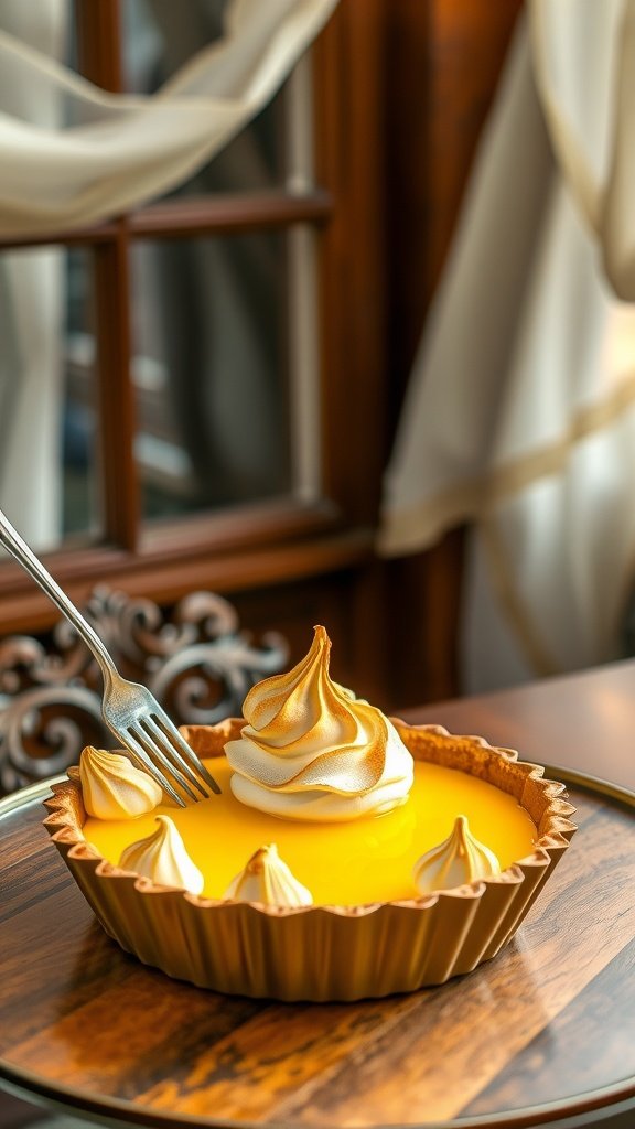 A beautifully presented lemon tart with meringue peaks and edible gold dust.