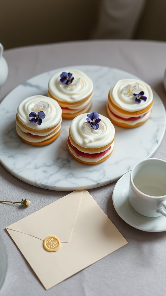 Lemon and elderflower petit fours presented on a marble plate