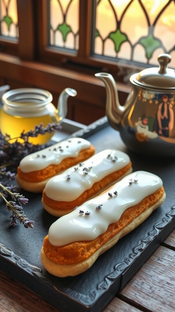 Lemon cream éclairs drizzled with honey and lavender, elegantly presented.