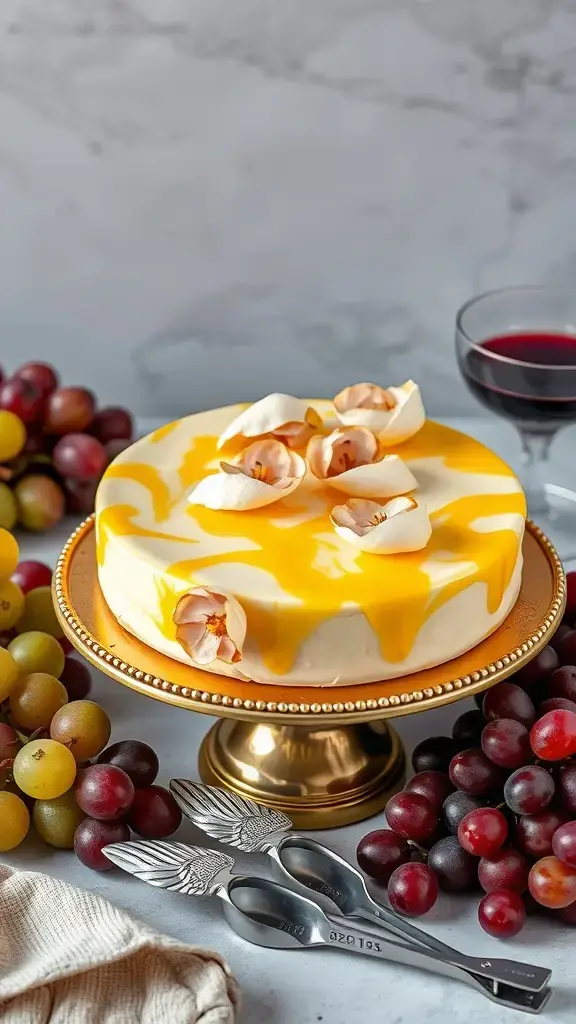 A beautiful cheesecake topped with lemon blossom syrup, surrounded by fresh grapes.