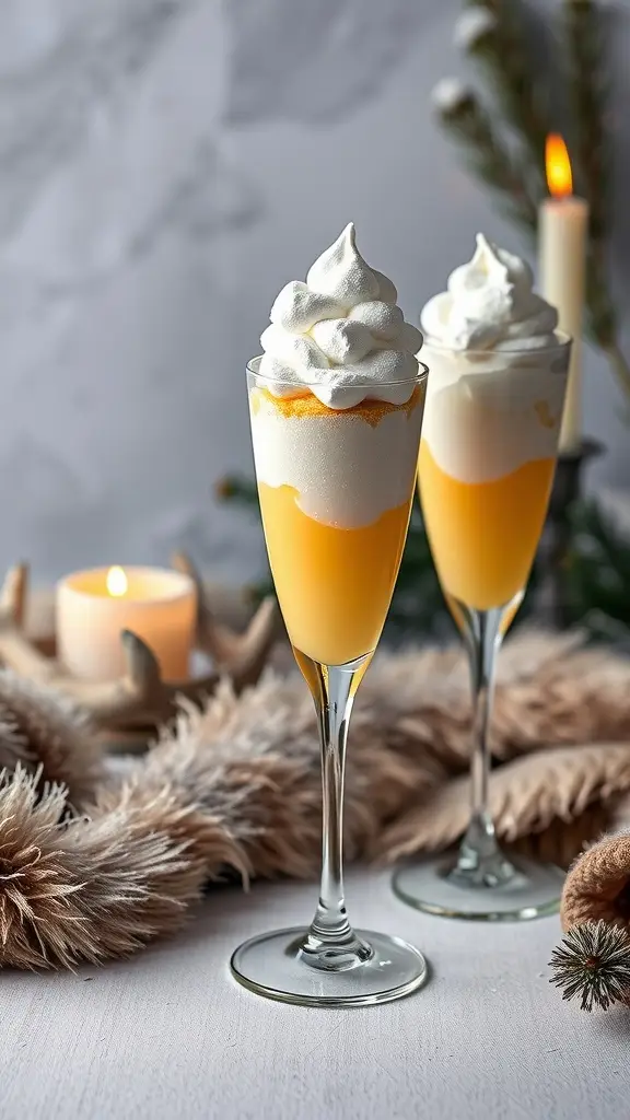Two elegant lemon parfaits with whipped cream and crushed meringue on a festive table.