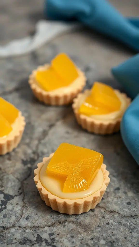 Lemon and honeycomb tarts on a marble surface.