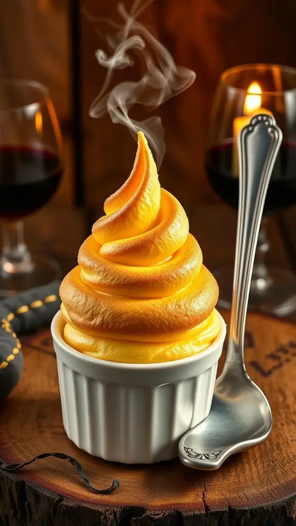 A beautifully plated soufflé topped with a scorched lemon sugar cap