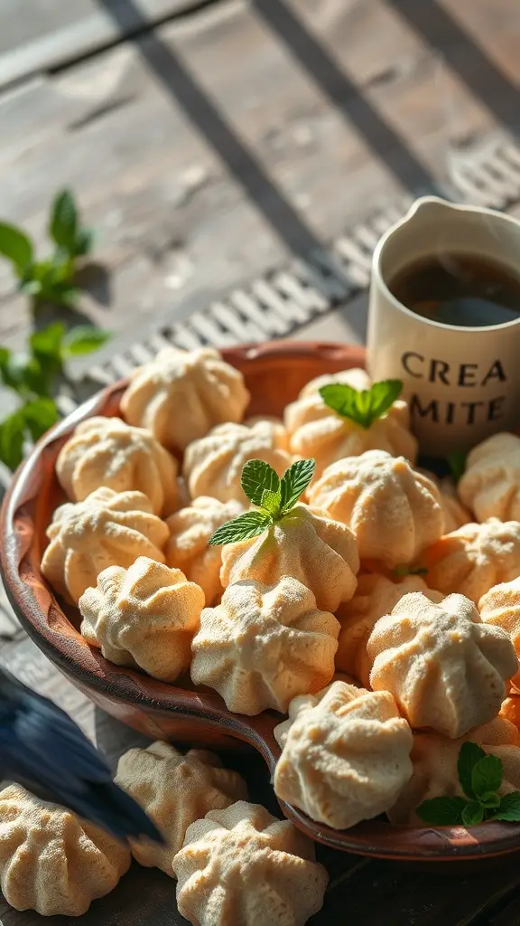 Lemon crinkle cookies arranged on a plate with mint leaves for garnish.