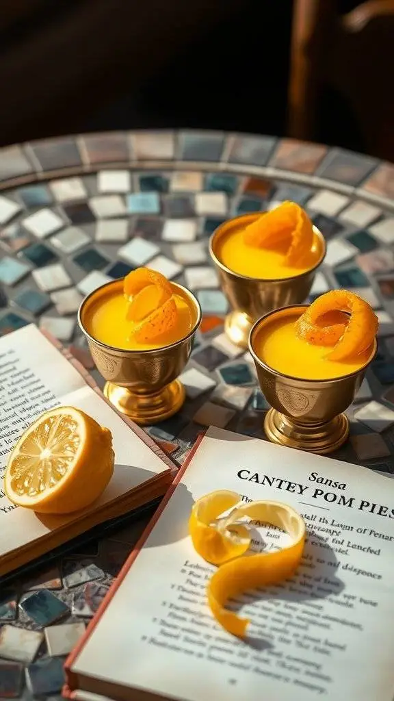 A lemon posset served in gilded cups, garnished with lemon slices.