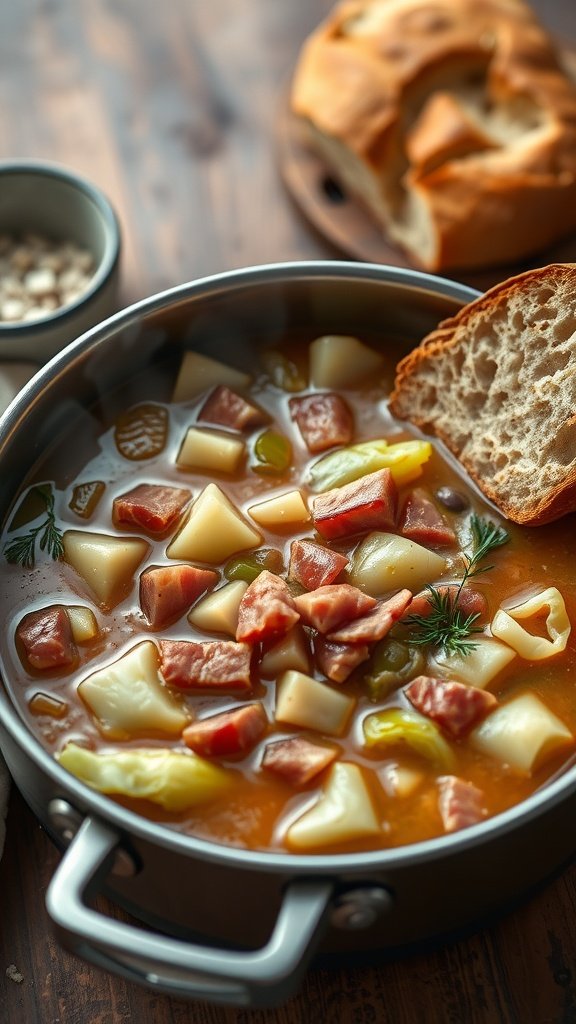 A hearty bowl of cabbage and bacon stew.