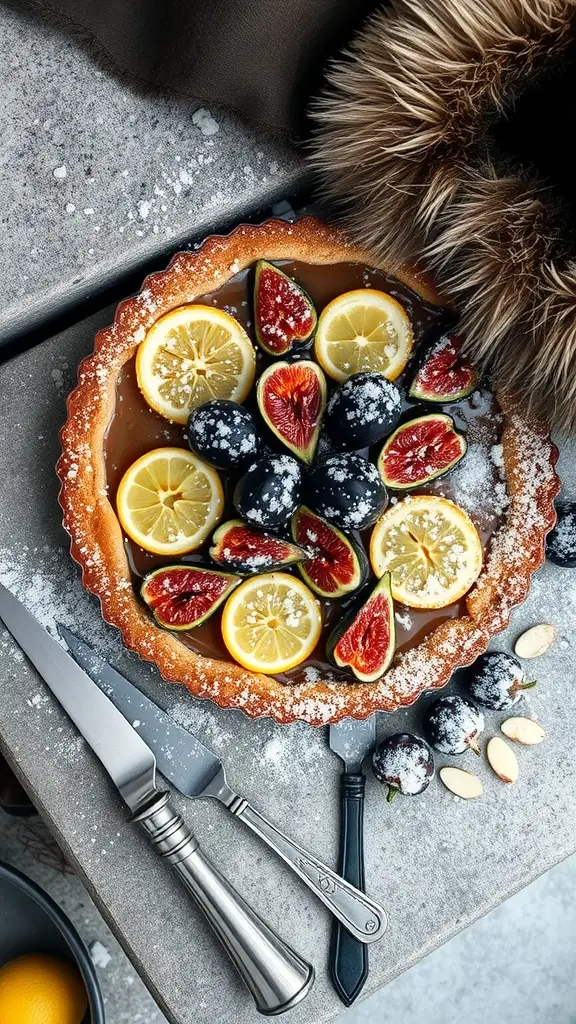 A delicious frosted lemon fig galette with an almond crust, garnished with lemon slices and figs.