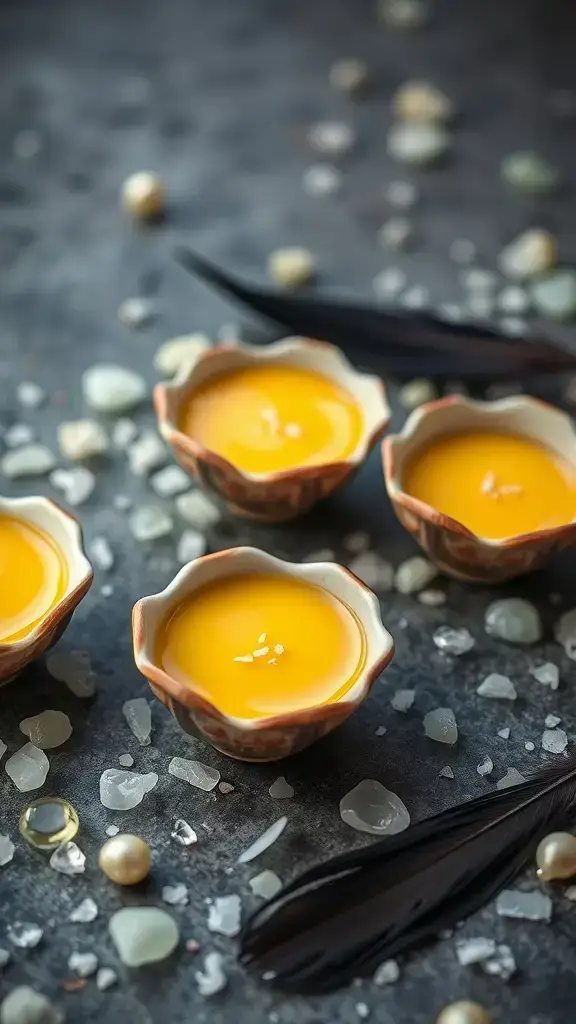 Lemon custard cups with sea salt flakes in decorative bowls.