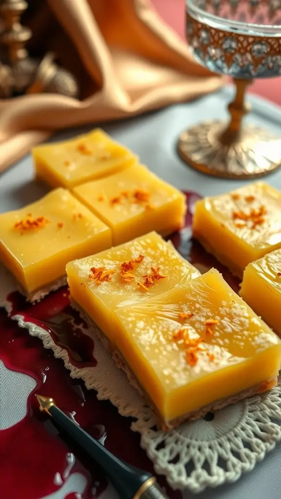 Lemon bars with chili zest crust, arranged on a decorative plate.