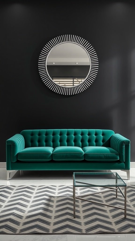 A modern living room featuring a teal velvet sofa, a glass coffee table, and a striped round mirror on a dark wall.