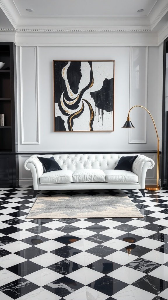 A stylish living room featuring a white chesterfield sofa, black and white artwork, and polished black and white floor tiles.