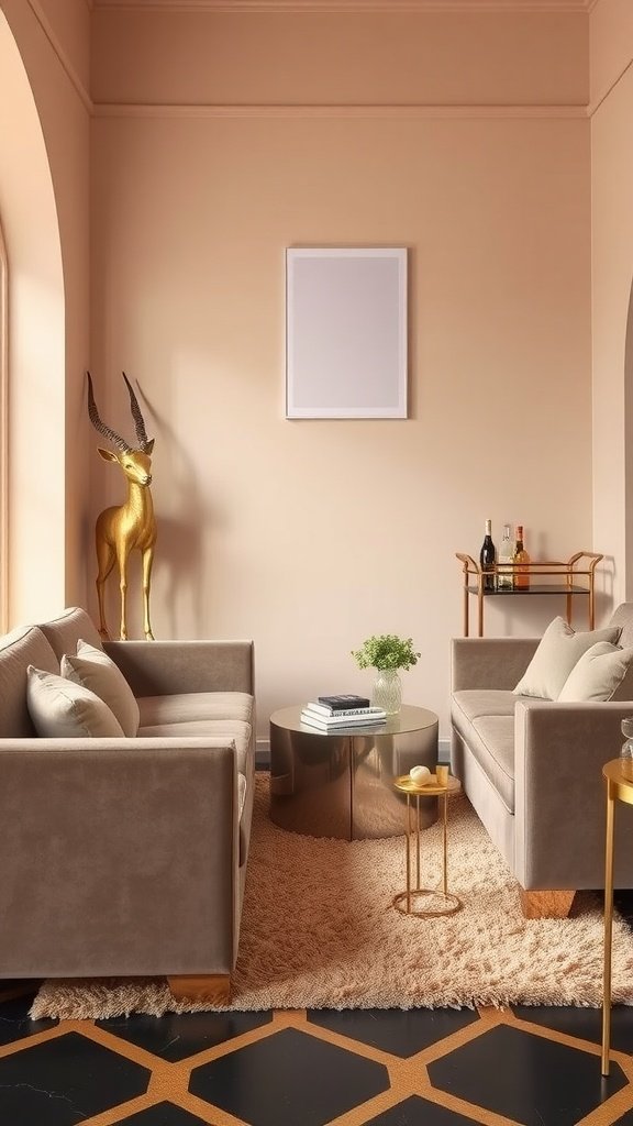A cozy living room featuring taupe sofas, golden accents, and a geometric rug, reflecting Deco Desert Glam style.