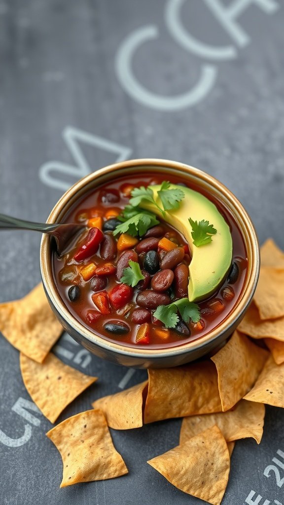 A bowl of spicy black bean chili topped with avocado and cilantro, surrounded by tortilla chips.