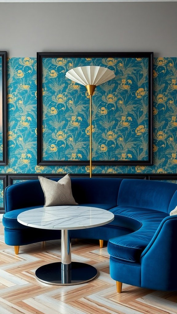 A stylish living room featuring a blue velvet sectional sofa, peacock-patterned wallpaper, a marble table, and a unique floor lamp.