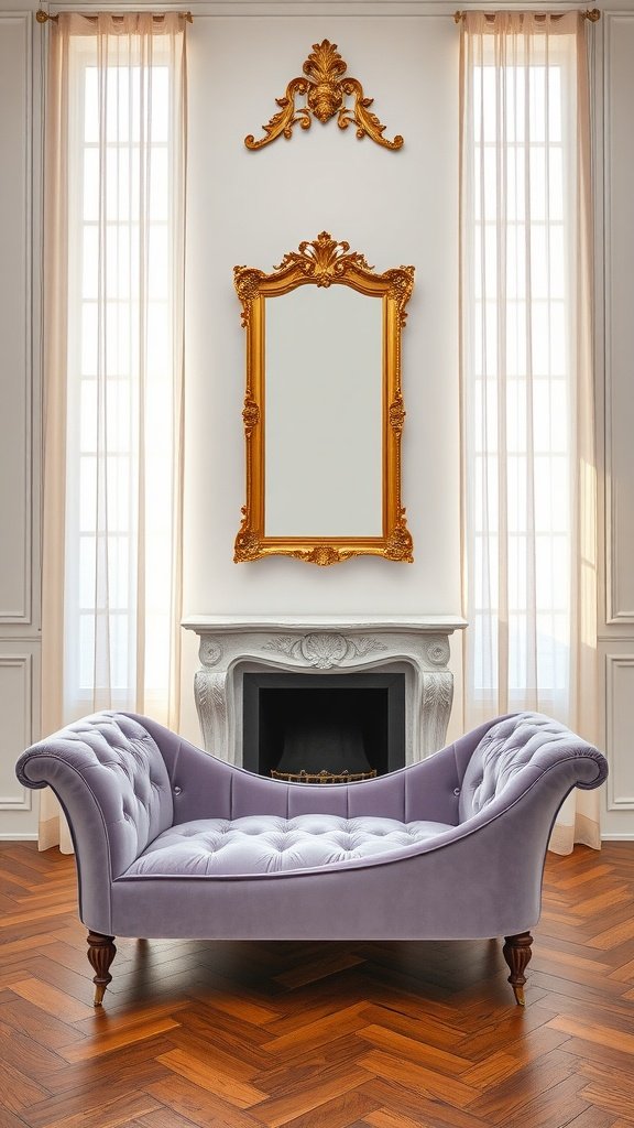 A lavender chaise lounge in an elegant living room with brass accents and a decorative mirror above the fireplace.