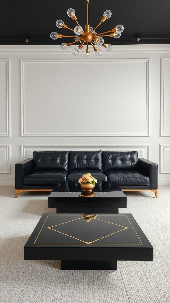 A stylish living room featuring a black leather sofa, a geometric black and gold coffee table, and a striking gold chandelier.