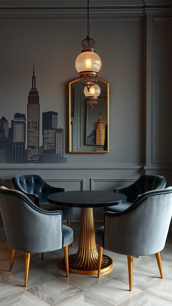 Stylish living room featuring grey chairs, a gold table base, and an elegant pendant light.