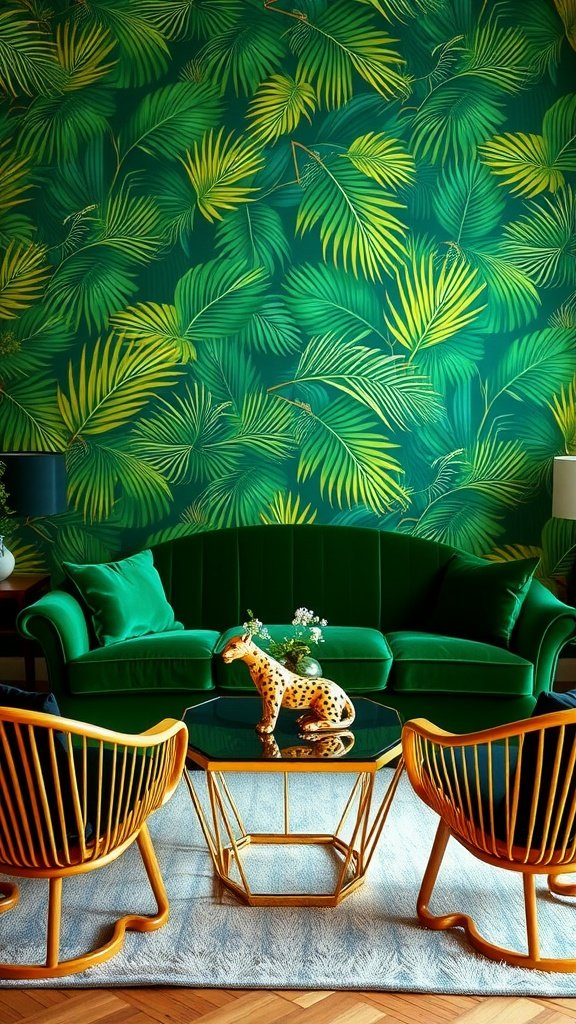 A living room with green palm leaf wallpaper, a green sofa, gold-accented furniture, and a leopard figurine on a coffee table.