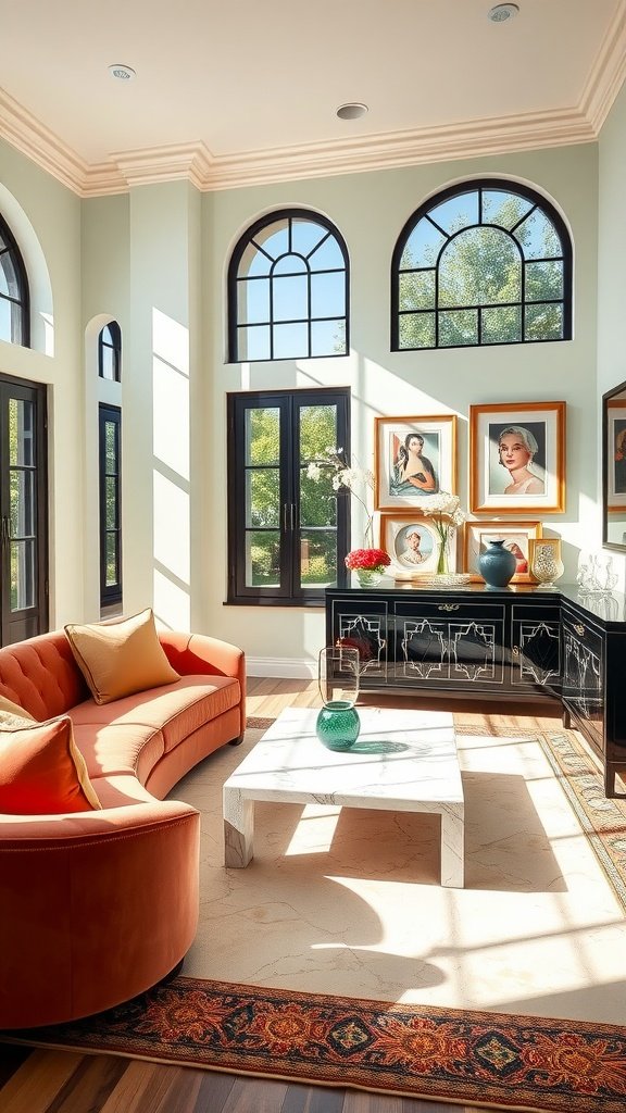 A stylish living room featuring a curved orange sofa, marble coffee table, and framed portraits on the walls.