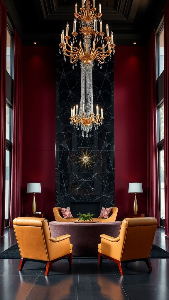 A luxurious Art Deco living room featuring burgundy walls, a grand chandelier, and plush leather armchairs.