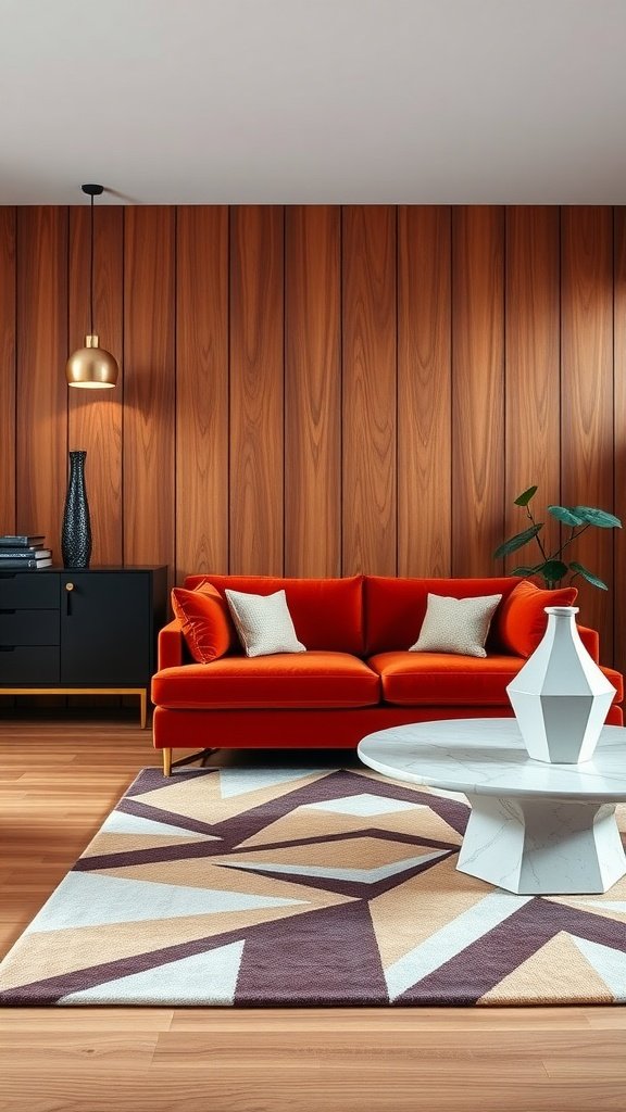 Living room featuring Art Deco and Mid-Century design elements, with an orange sofa, wooden wall, geometric rug, and stylish decor.