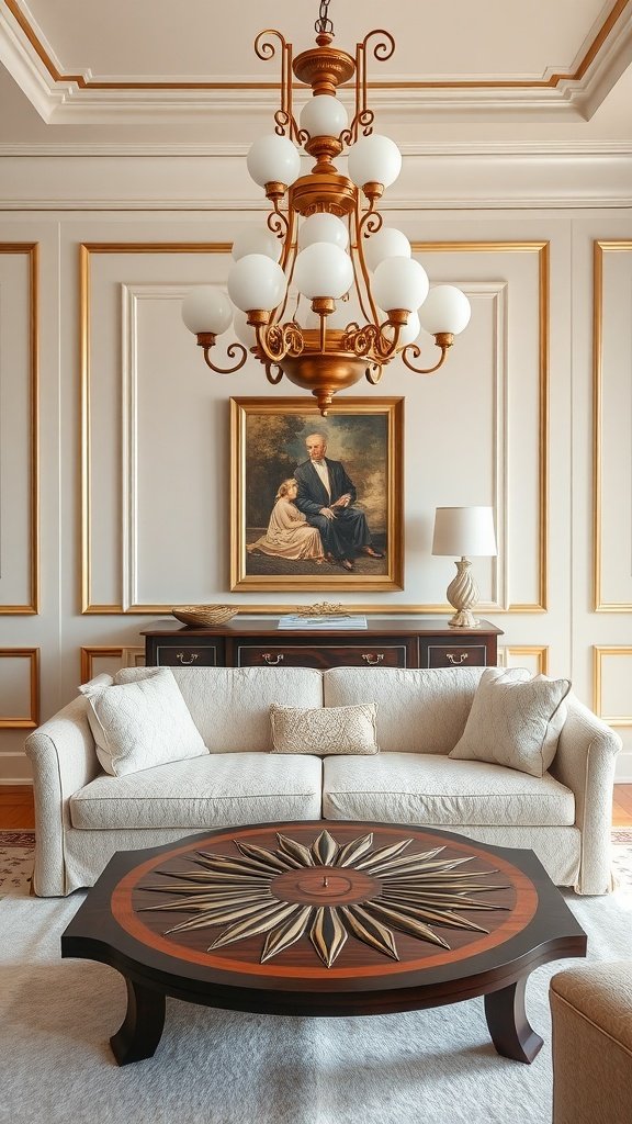 A stylish living room featuring a bronze chandelier, ivory sofa, and an intricate coffee table, embodying Art Deco elegance.